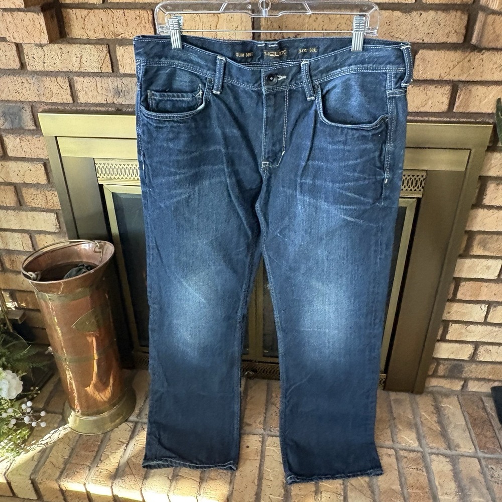 Helix Jeans Mens W34 L32 Cotton Blue Denim Slim Boot Embroidered 5 Pocket Design